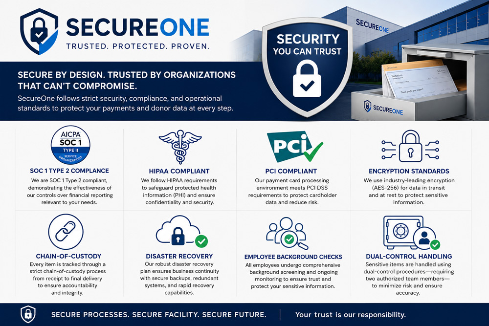 SecureOne nonprofit lockbox and caging services infographic featuring SOC 1 Type 2 compliance, PCI compliance, HIPAA support, encryption standards, disaster recovery, chain-of-custody procedures, employee background checks, and dual-control handling for secure donation and remittance processing.